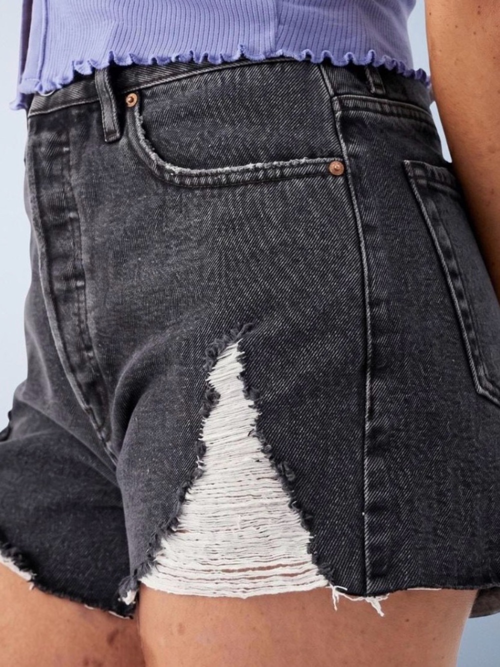 PacSun Black High-Rise Distressed Denim Shorts with White Contrast